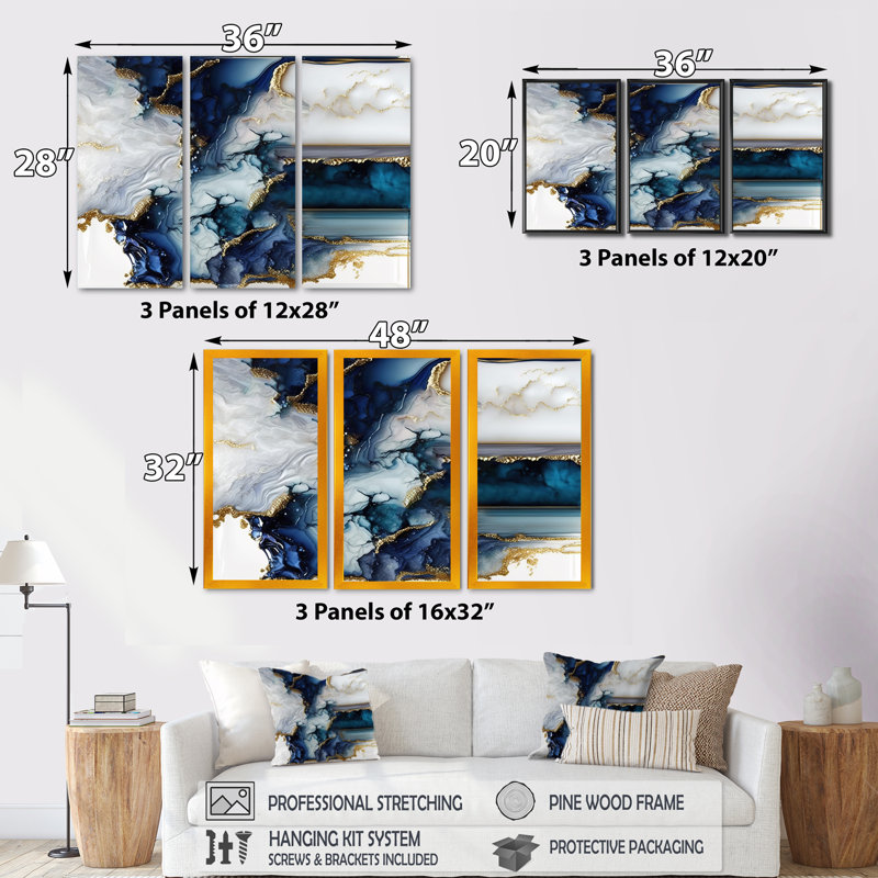 Géode abstraite, marbre blanc et bleu I - 3 pièces, H 32 po x l 48 po x P 1 po, Toile tendue