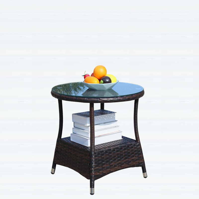 Table basse d'extérieur ronde en osier durable avec plateau en verre trempé transparent, parfaite pour le patio et le jardin