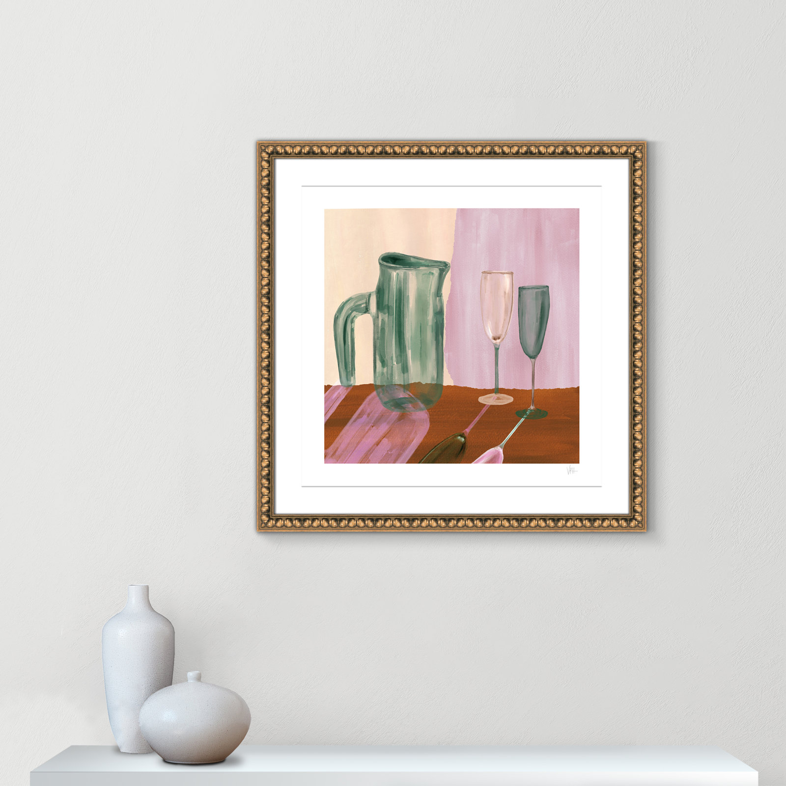 Jug and Champagne Flutes Print by Violets Print House, 28.5'' W x 28.5'' H, Matted Print, Gold Leaf Beads