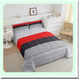Ombre Stripes Comforter Set - Modern Abstract Art Duvet Insert with Red Patchwork Design, Farmhouse Decor Queen Size Bedding in Grey and Black