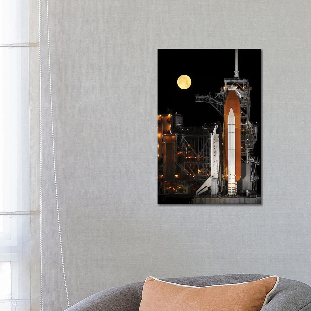 A Nearly Full Moon Sets As Space Shuttle Discovery Sits Atop The Launch Pad by - Wrapped Canvas Graphic Art