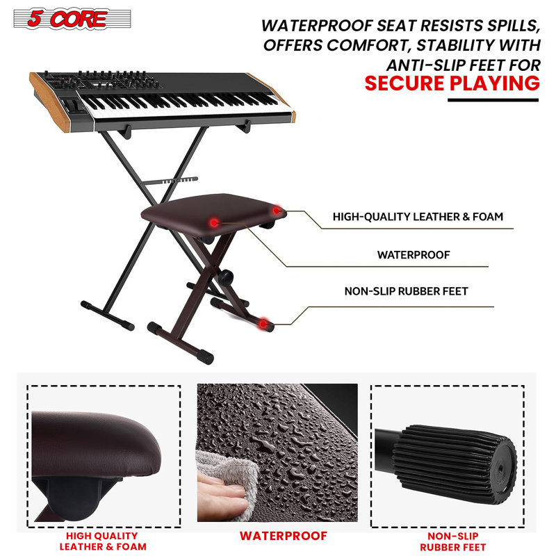 5 Core Keyboard Bench X-Style Height Adjustable from 16.3-19.6in KBB 02 WH Clebert, Brown