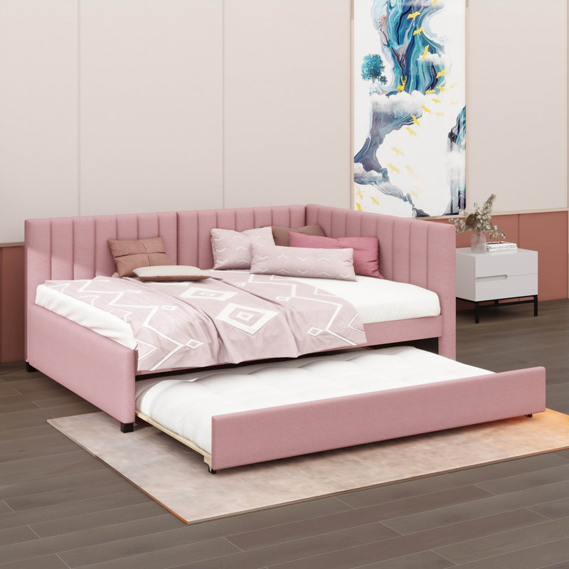 Upholstered Daybed with Trundle Sofa Bed Frame, Pink, Full