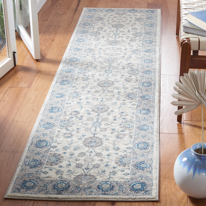 Tapis oriental ivoire / bleu Eileen, Tapis de couloir 2 pi 2 po x 8 pi