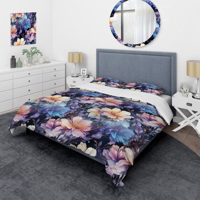 Ensemble de housse de couette à motif floral bleu et mauve Mystical Aura, Housse de couette pour très grand lit et 2 très