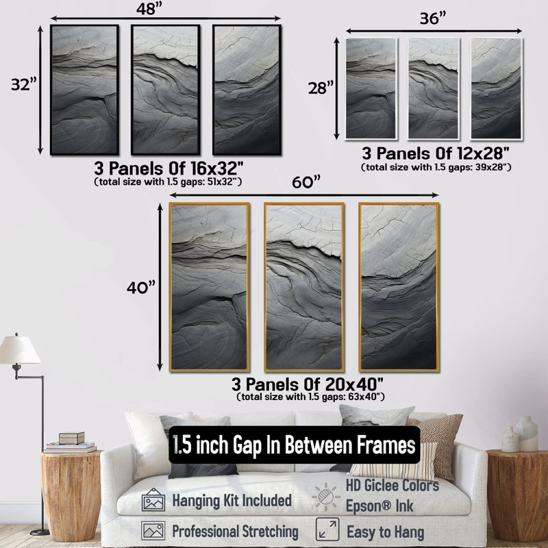 «Gray and White Stone River III - Abstract», reproduction d'art murale, H 28 po x l 36 po x P 1 po, Cadre flottant noir