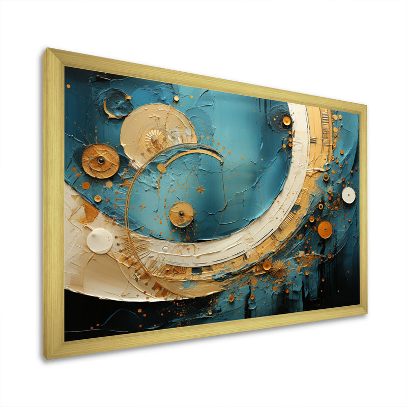 Gerlanda Gold Teal Abstract Spirals III, reproduction d'art sur toile, Encadrement doré, H 12 po x l 20 po x P 1 po