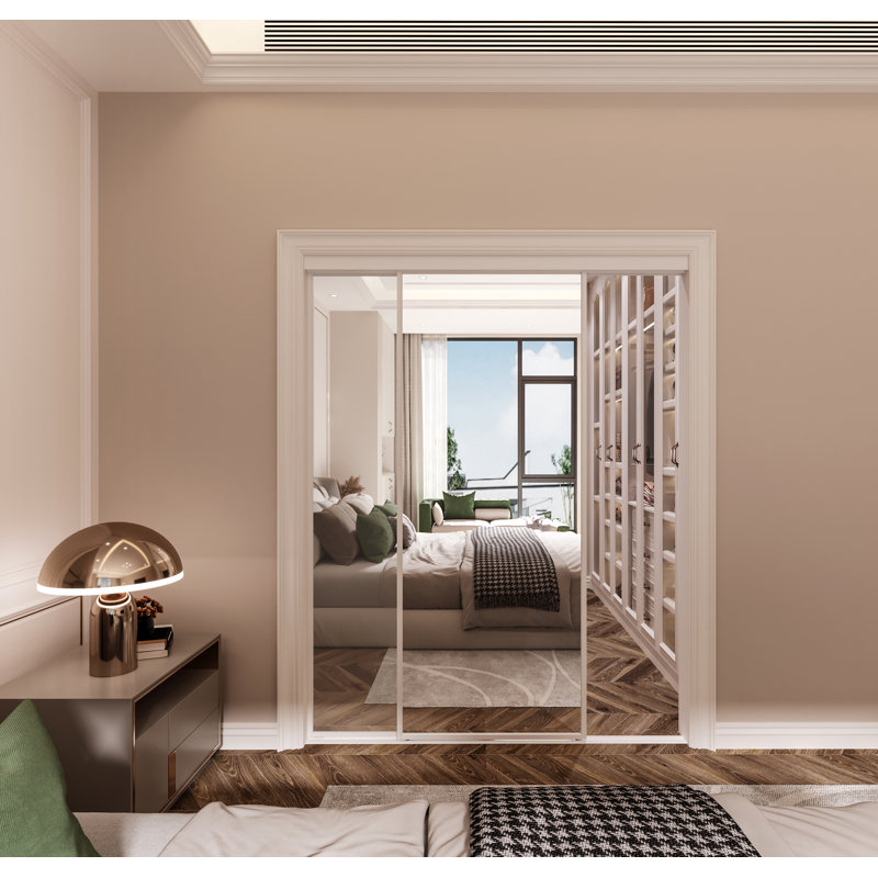 Porte coulissante à miroir avec cadre blanc en acier et garniture blanche, 79 po x 60 po