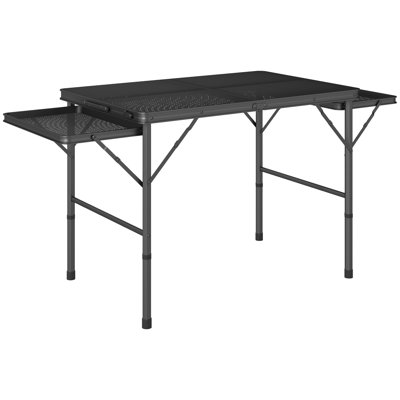 Folding Grill Table, 4.5 ft Portable Camping Table with 2 Wing Panels, Height Adjustable Metal Outdoor Table with Mesh Desktop for Picnic, Beach, BBQ, Party, Black