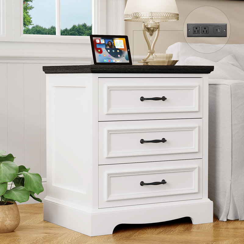 Elizha 3-Drawer Nightstand with Charging Station, Individual, White/Black