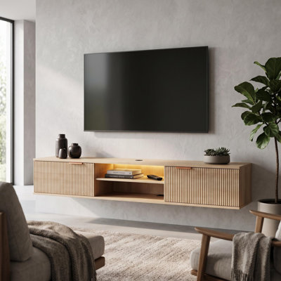 Meuble télé 70 po à fixation murale pour téléviseur de 80 po ou moins - Meuble audio-vidéo moderne Mid-Century cannelé - Meuble télé flottant en noyer, couleur: non spécifié