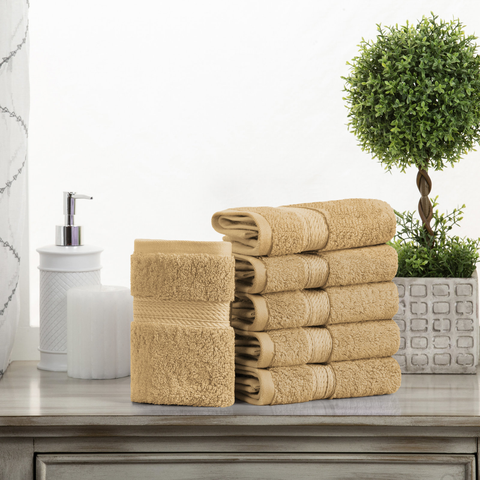 Renata Certified Egyptian Cotton 800 GSM Plush Heavy Highly Absorbent Luxury Washcloth , Toast, Washcloth - 6 Pack