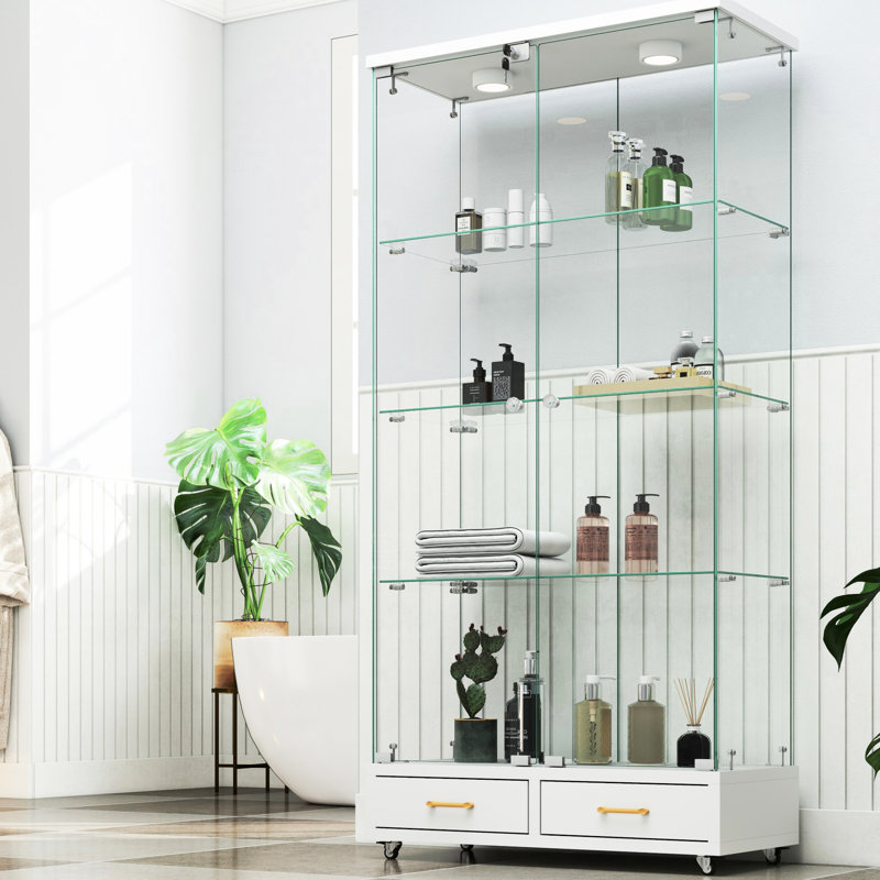 Multifunctional Glass Case With 2 - Door, 4 Shelves, And Adjustable Lighting For Different Rooms Office Drawers,, White