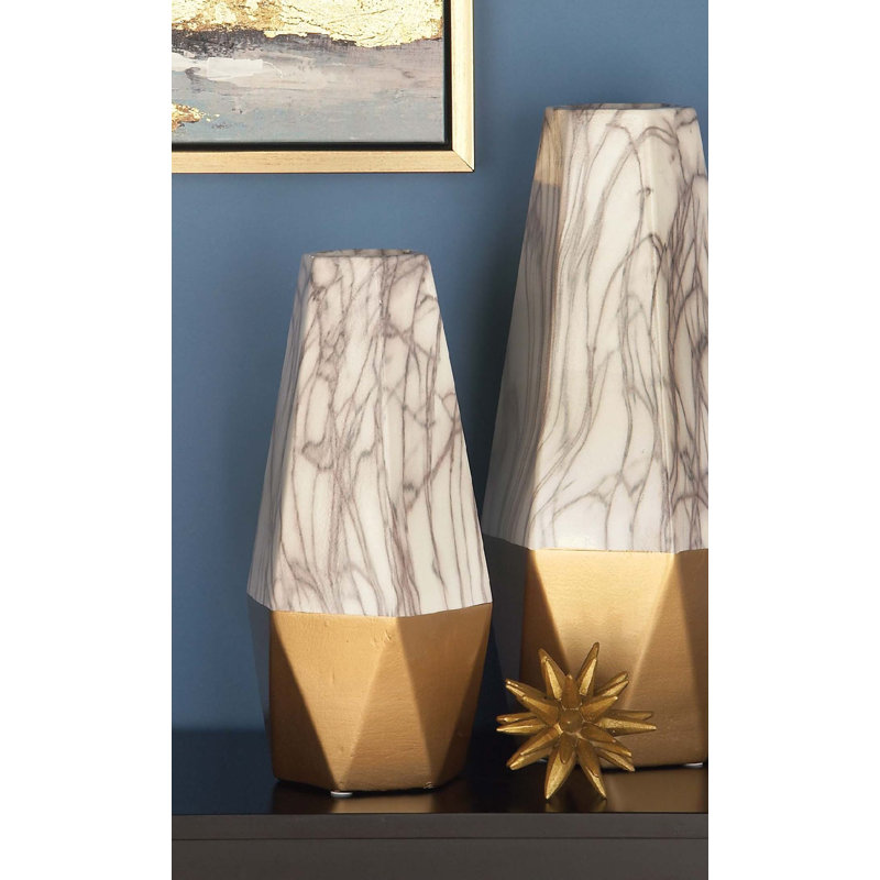 Ceramic Faux Marble Decorative Vase with Base, Gold, 18" H x 7" W x 7" D