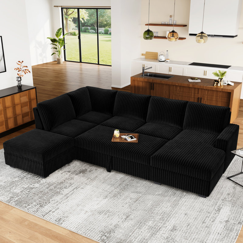 Brunella 111.4'' W Corduroy Modular Sleeper Sectional with Storage, Black Corduroy