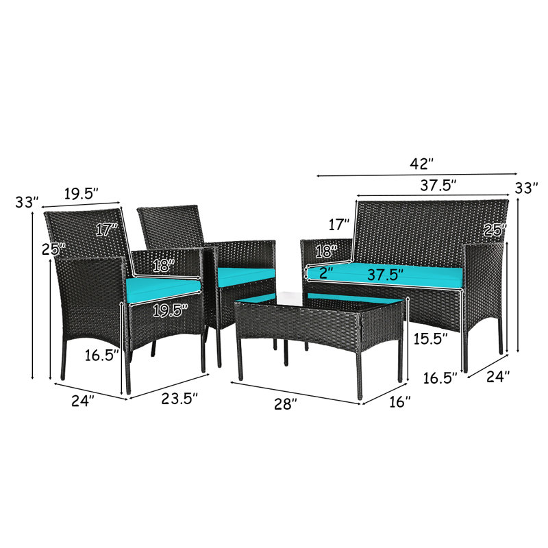 Ensemble de conversation avec canapé en rotin et coussins 4 pièces Alifa, Bleu, Noir