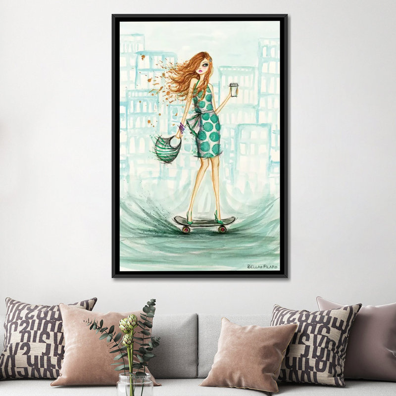 « uptown skateboarder », peinture sur toile tendue, H 60 po x l 40po x P 1,5 po, Toile avec cadre flottant noir, Pas de tapis