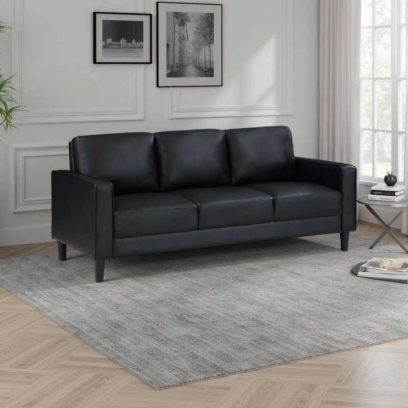 Rumi Sofa, Faux Leather, Modern Track Arms, Foam Cushions, 77 Inch, Rumi Black Faux Leather