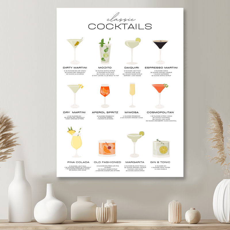 Recettes de cocktails classiques - Art mural de salon, cocktails, Sans cadre, H 44 po x l 34 po
