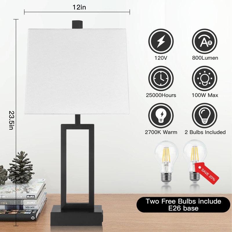 Damajae 23.5" Metal USB Table Lamp Set with Touch Control and AC Outlet, White