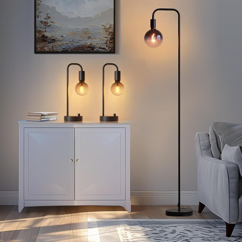 Industrial Lamp Set 3 Piece-1 Floor Lamp And 2 Dimmable Table Lamp