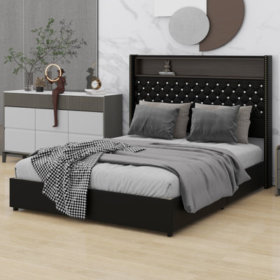Élégant cadre de lit tapissier capitonné, tête de lit haute avec rivets, ports de chargement USB et veilleuse, lit plateforme avec tablette de rangement