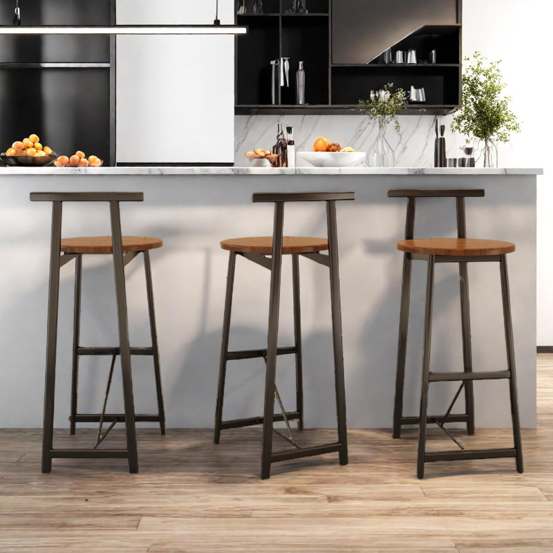 Set Of 3 Bar Stools With Backrest, Footrest And Metal Frame