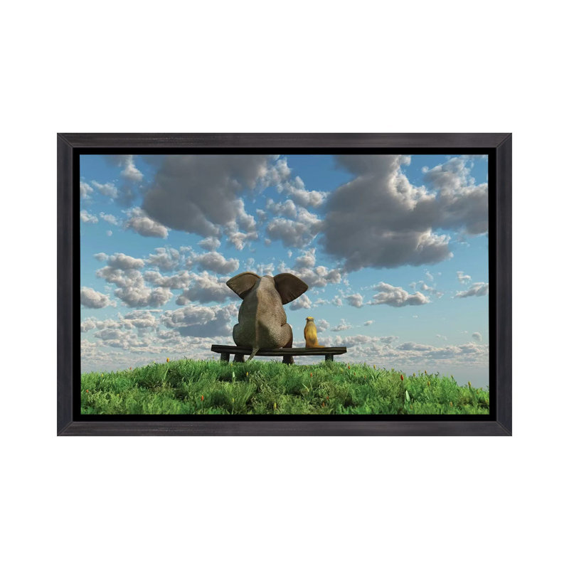 Éléphant et chien assis sur un pré - reproduction d'art, H 26 po x l 40 po x 1,5 po, Toile avec cadre noir patiné