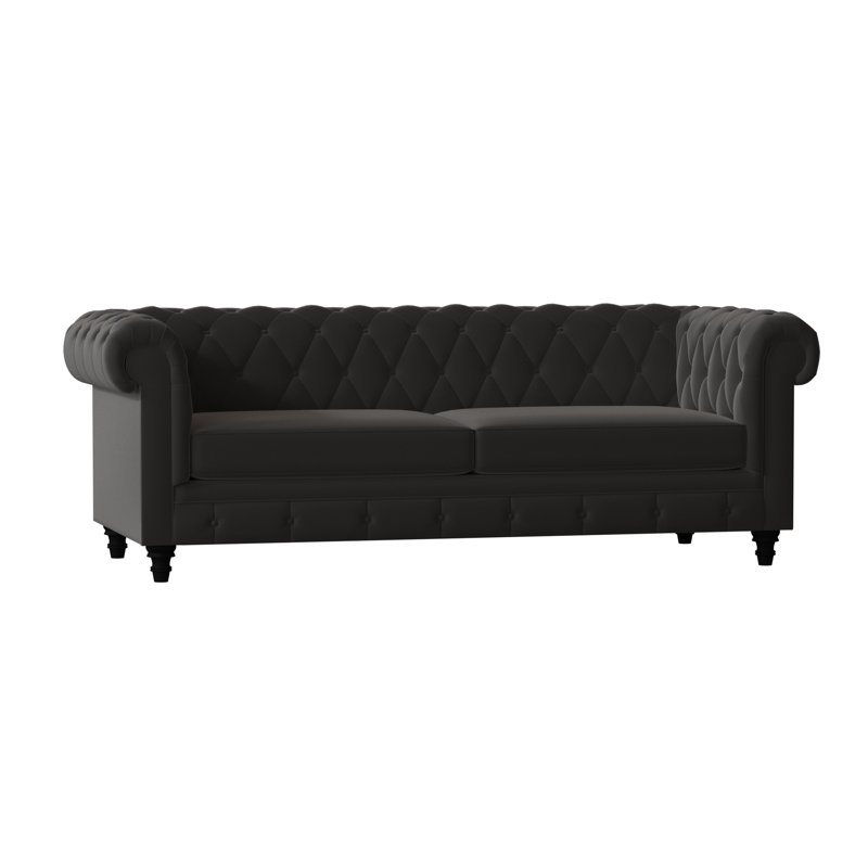 Canapé Chesterfield à accoudoirs roulés, Velours noir, Noir, 72 pouces