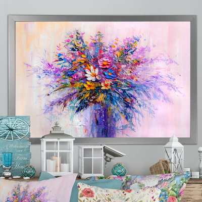 Vase de fleurs rouges et mauves - reproduction sur toile avec cadre flottant