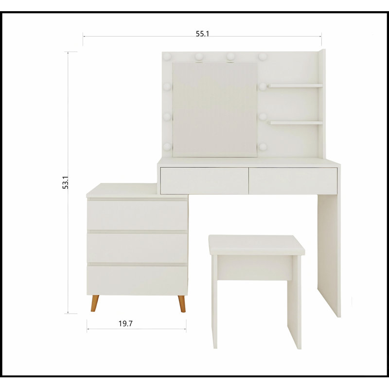Coiffeuse de maquillage avec miroir à DEL - coiffeuse de beauté blanche avec tiroirs de rangement, tabouret assorti et compartiments de rangement pour les pinceaux de maquillage et les cosmétiques