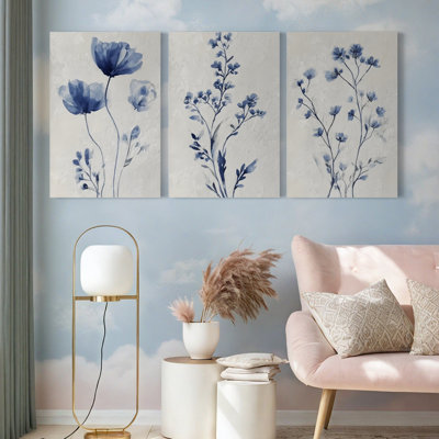 «Blue Floral Botanical», reproduction d'art sur toile tendue sur toile (ensemble de 3)