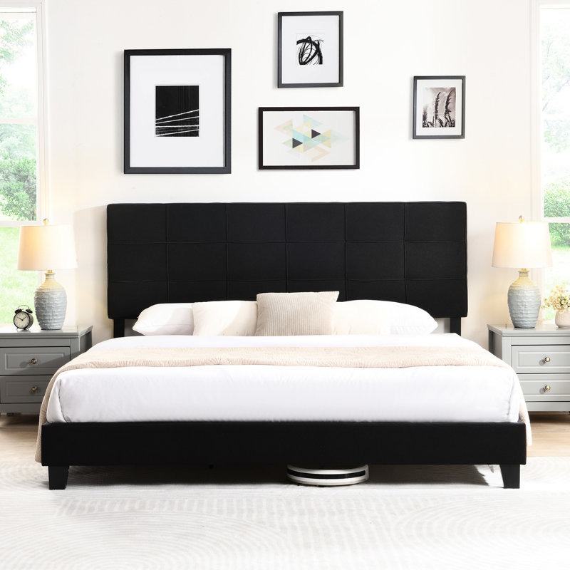 Très grande base de lit tapissier, tête de lit en lin, aucun besoin de sommier, support de lattes de bois, assemblage simple, noir, fonctionnel à assembler, pratique