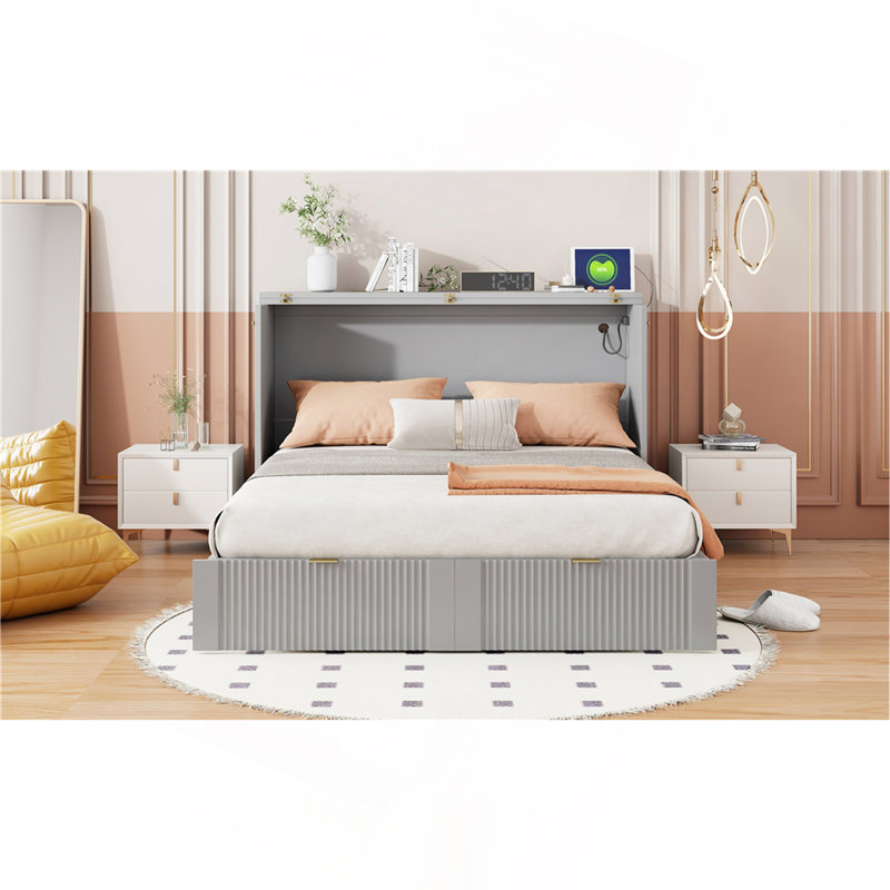 Lit escamotable avec tiroir et un ensemble de prises et ports USB, structure de poulie, Grey, Lit double