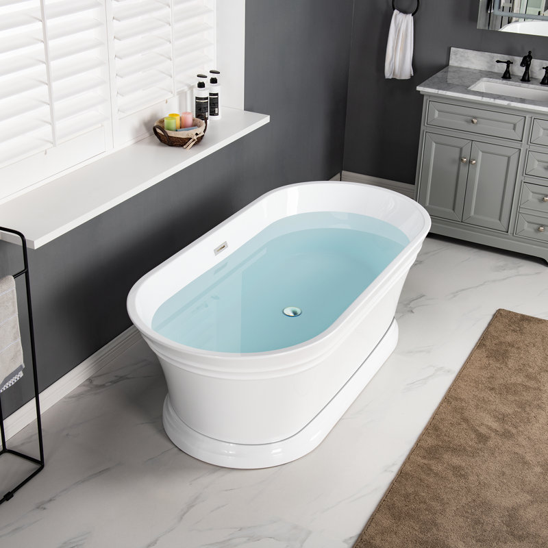 67" x 29.5" Freestanding Soaking Acrylic Bathtub with Pedestal, Double Ended, Non-Slip Design, White/Brushed Gold