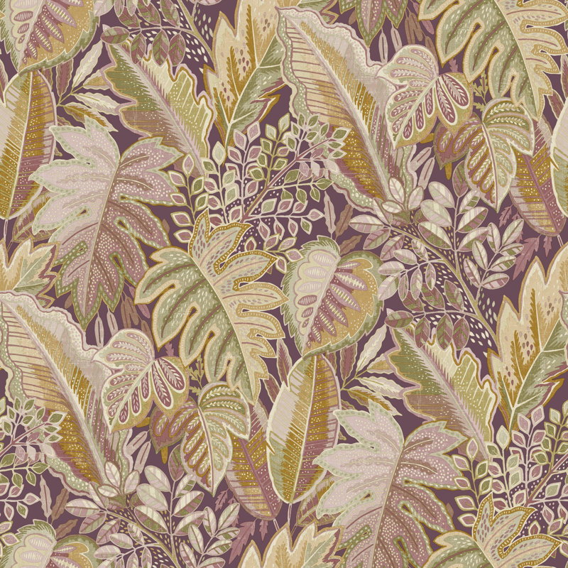 Papier peint feuilles de fourrure tropical, Rose lilas