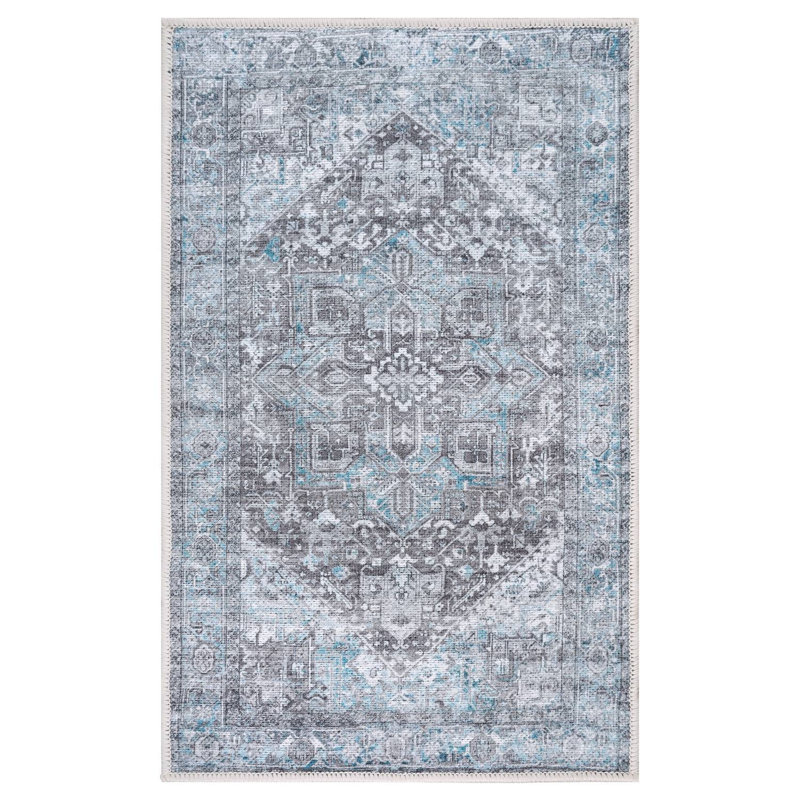 GLN Rugs Vintage Collection - Machine Washable Area Rug, Vintage Washable Rug, Non Slip Area Rug, Low Pile Living Room Rug, Bedroom Rug, Bathroom Rug - Easy Clean (Blue and Gray Area Rug)