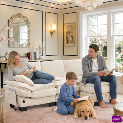 Wauseon 102.36" Corduroy L-shaped Sofa, A dual-layer cushion system One Movable Ottoman.