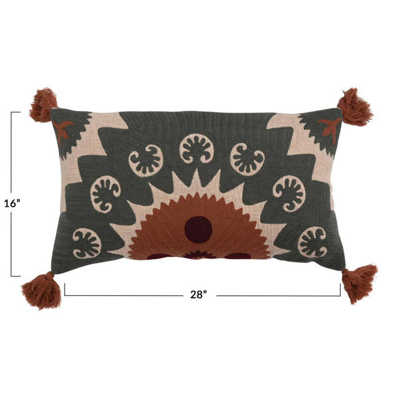 Multicolor Cotton Lumbar Pillow with Suzani Embroidery and Tassels