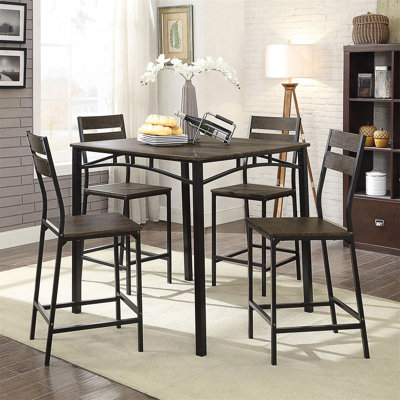 Table rustique 5 pièces pour les rassemblements décontractés, table à hauteur de comptoir, 4 chaises hautes, structure en métal avec pieds, sièges en bois, sièges carrés