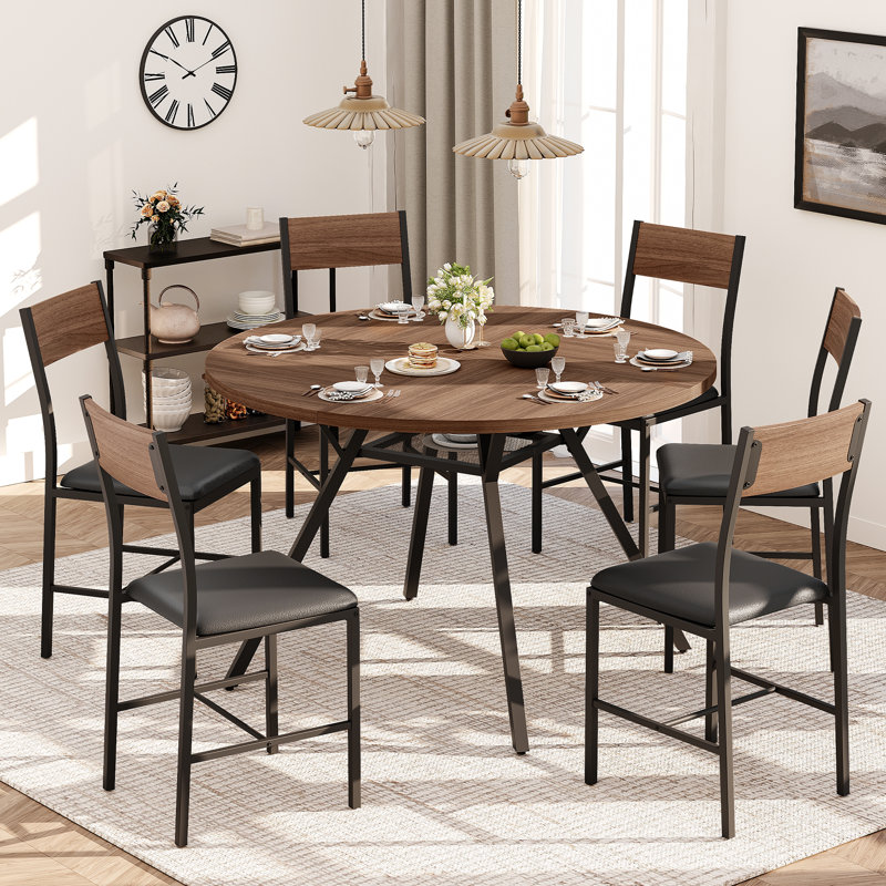 47' Round Dining Table Set With 34.5"H Dining Chair For 6 Person, 7 Pieces: Table, 6 Chairs, 30" H x 47" W x 47" D