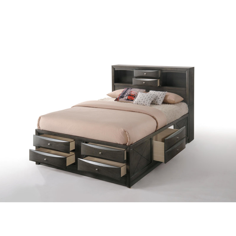 Lit double avec rangement en chêne gris, sans sommier, cadre en bois 8, bibliothèque rectangulaire pour 8 pièces, format bois