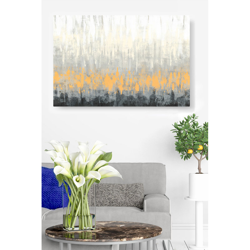 Pluie abstraite, blanc à noir, orange, crème, gris, H 24 po x l 36 po x P 1,5 po