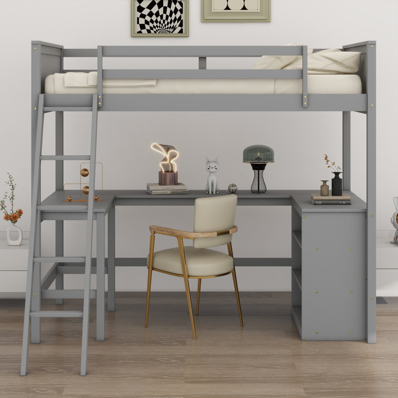 Lit mezzanine avec tablettes et bureau, gris