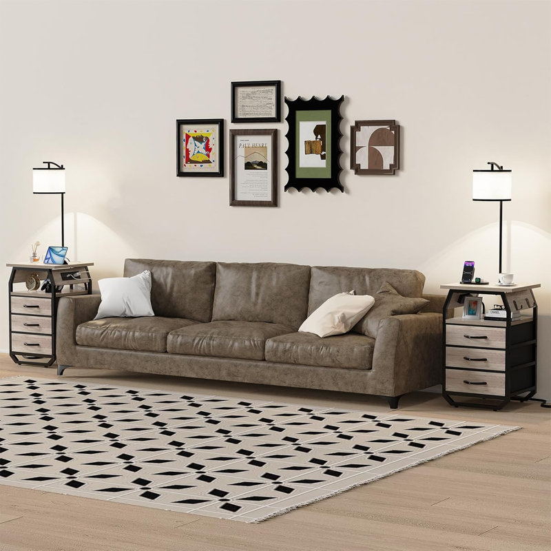 Ensemble de 2 lampes sur pied avec table d'appoint, 3 ampoules à 3 températures, 3 tiroirs et station de charge, structure en métal robuste, combinaison compacte pour la chambre à coucher, le salon, le dortoir et un appartement