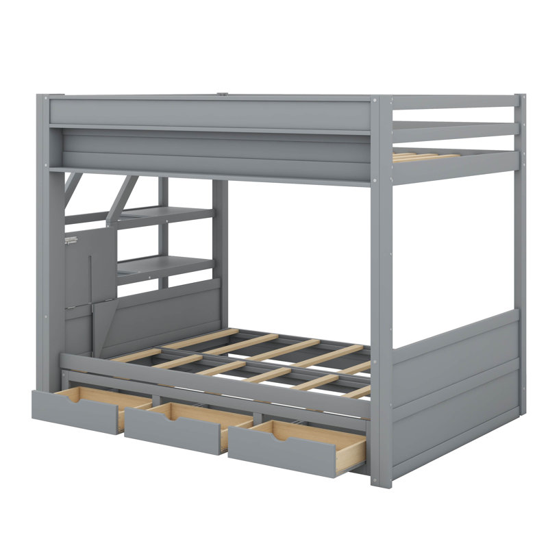 Lit superposé convertible double en bois avec escalier de rangement, table d'appoint et 3 tiroirs, Gris