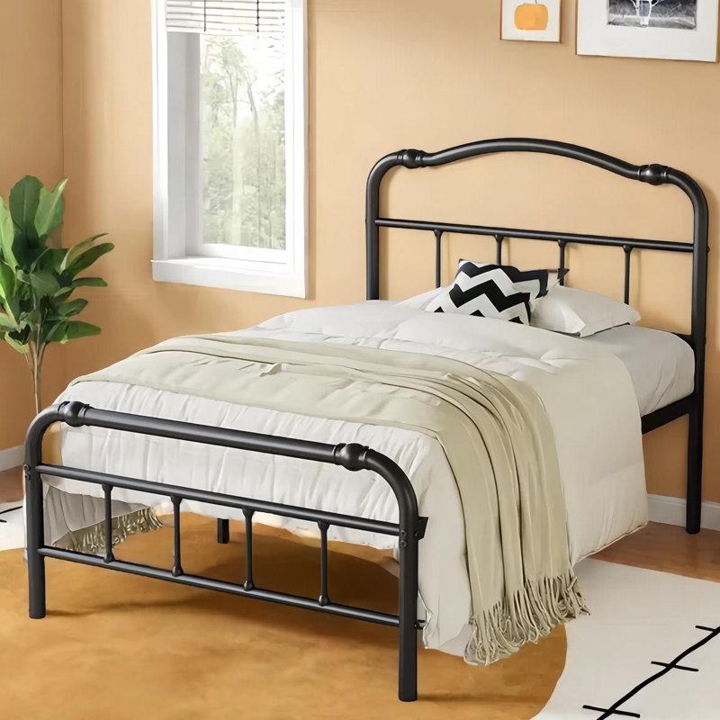 Amylia 18-Inch Heavy Duty Noiseless Non-Swaying Metal Iron Platform Bed Frame with 44” Headboard and Footboard, Black Iron