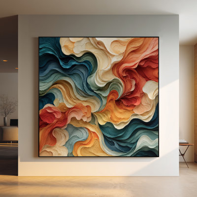 Très grand art mural imprimé sur tissu - Vagues abstraites bleu sarcelle, décor de salon contemporain - «Assemblage requis du cadre (cadre non fini)»