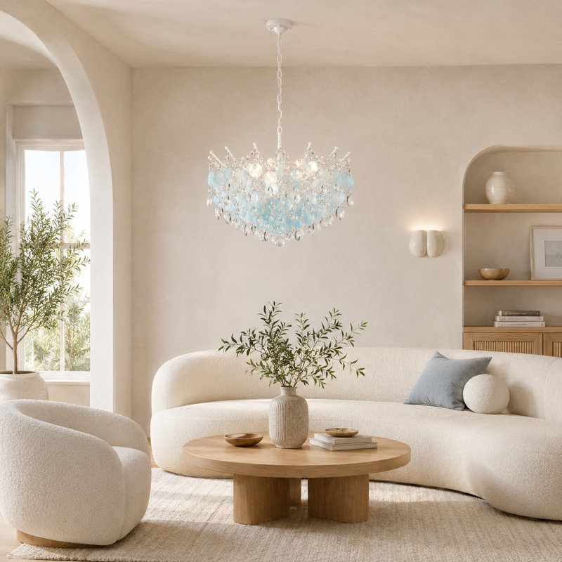 Lustre à 8 lumières en cristal de couleur bord de mer bleu moderne (ampoule incluse)