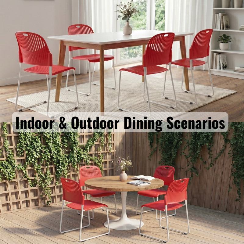  Fully Assembled Plastic Armless Stackable Patio Dining Chairs Set of 2, Stacking Chairs With Metal Frame, Balcony Side Chairs for Indoor & Outdoor Use